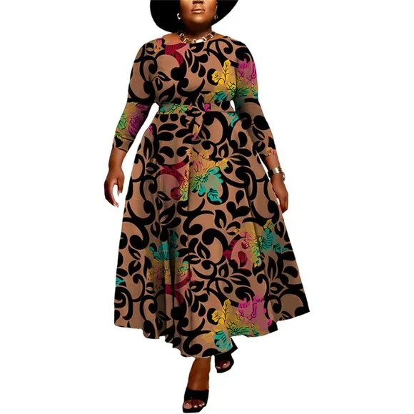 Plus Size Maxi Dress African Print 3/4 Sleeve Flowy Ruffle Belt Casual